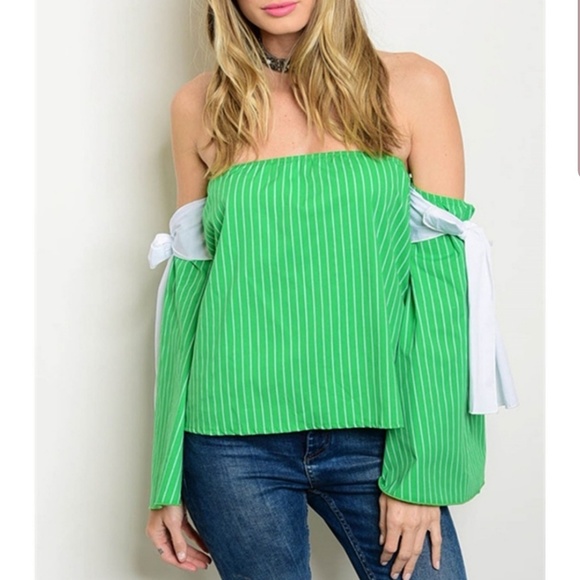 Cheeky Tops - Green White Long Bell Sleeve Striped Poplin Blouse